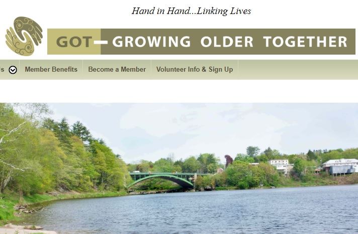 The Growing Older Together logo of stylized interlocking hands, and an image of the Narrowsburg Brid