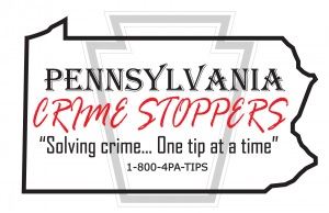 An outline of Pennsylvania with the Crime Stoppers logo and tip line phone number.