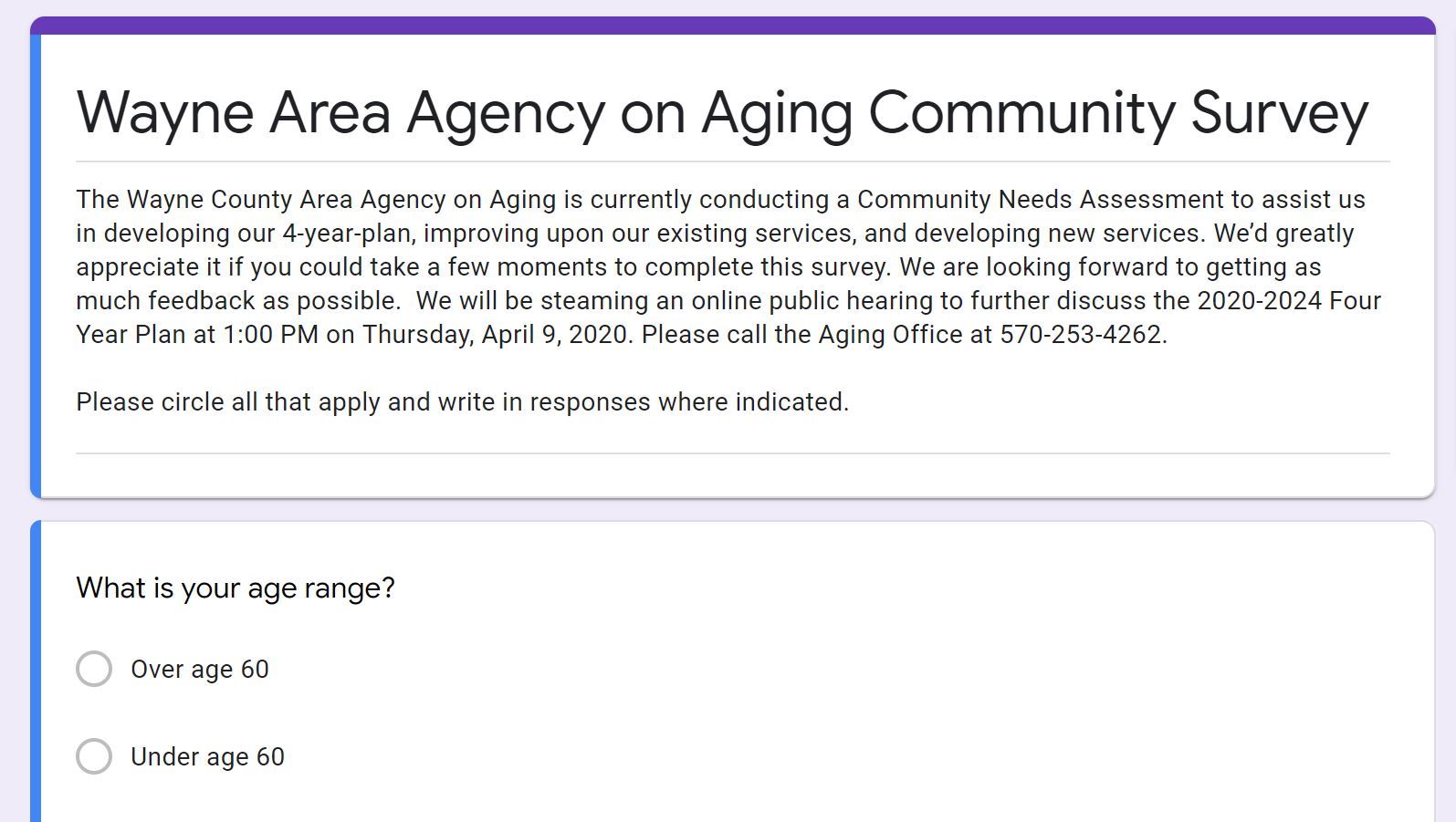 An image of the beginnig of the Area Agency on Aging's Community Surey.