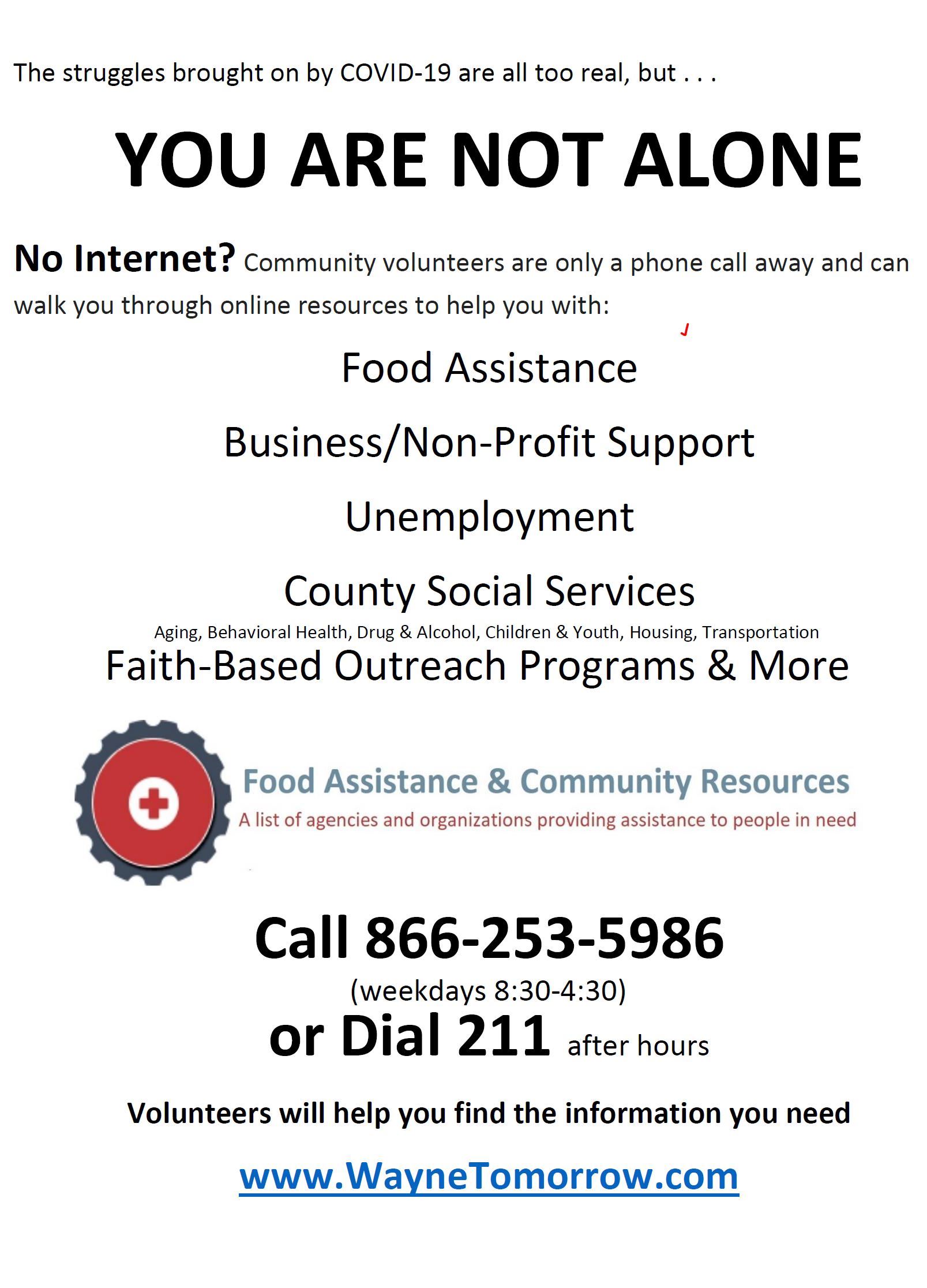 An image of a flyer encouraging people to access online resources via the COVID-19 Resource Line at 