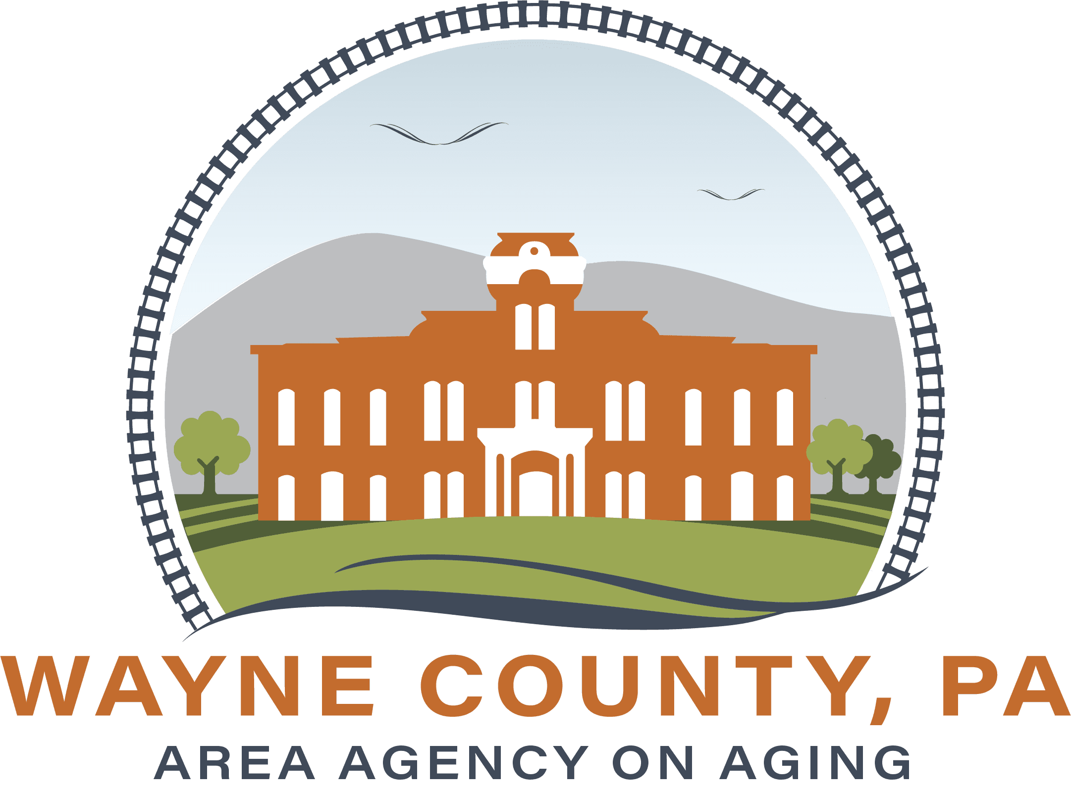 The Wayne County logo featuring the Courthouse, fields and stream for the Area Agency on Aging.