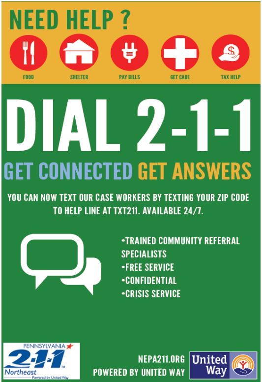 A poster promoting the 2-1-1 NEPA Information & Referall Services through the United Way.