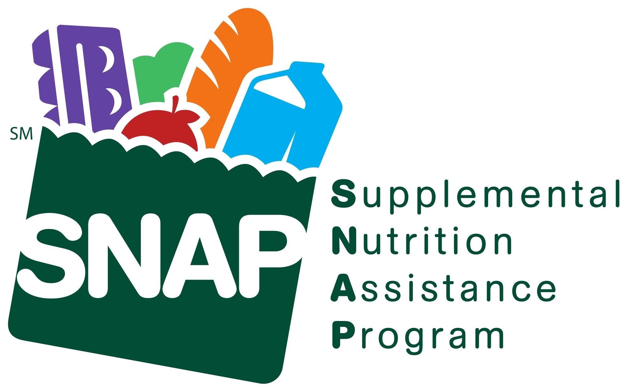 An image of the Supplimental Nutrition Assistance Program (SNAP) featuring a cartoon shopping bag wi
