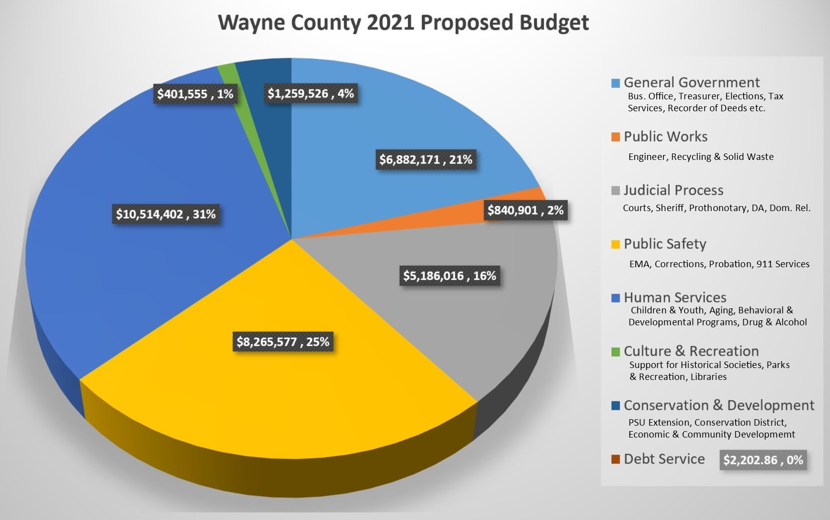 A Pie Chart showing the major expenditure categories in the proposed 2021 Wayne County Budget.