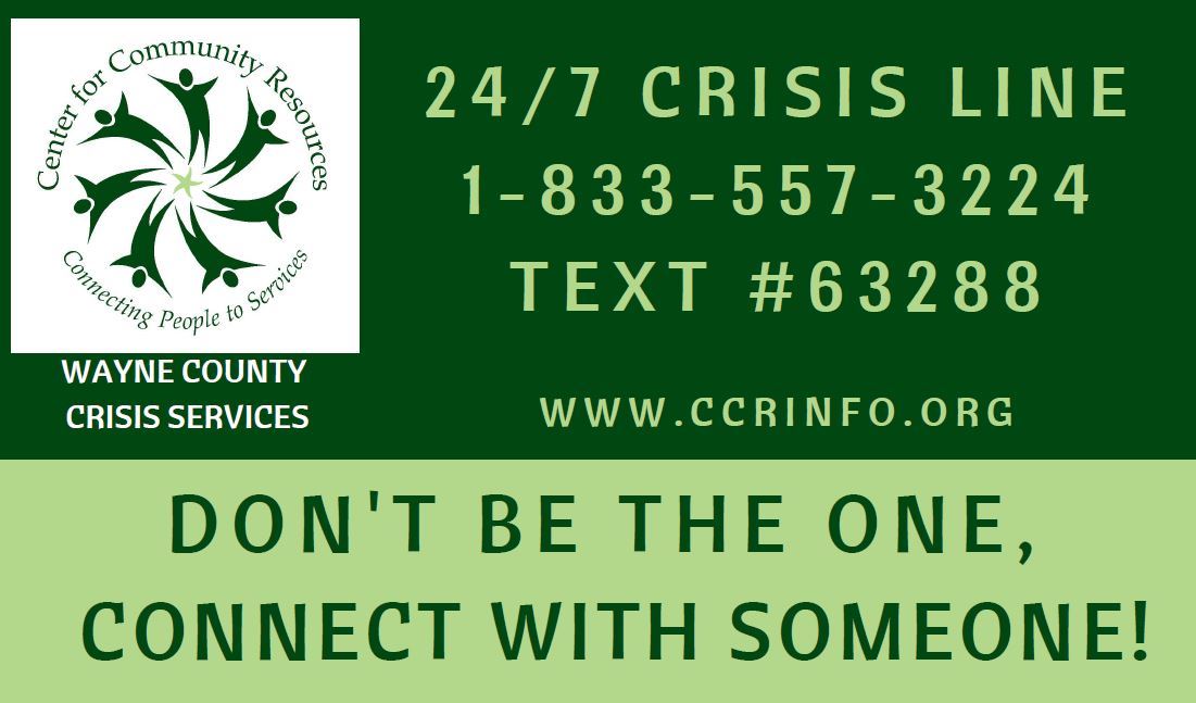 An image promoting the new Wayne County Crisis Line at 1-833-557-3224.