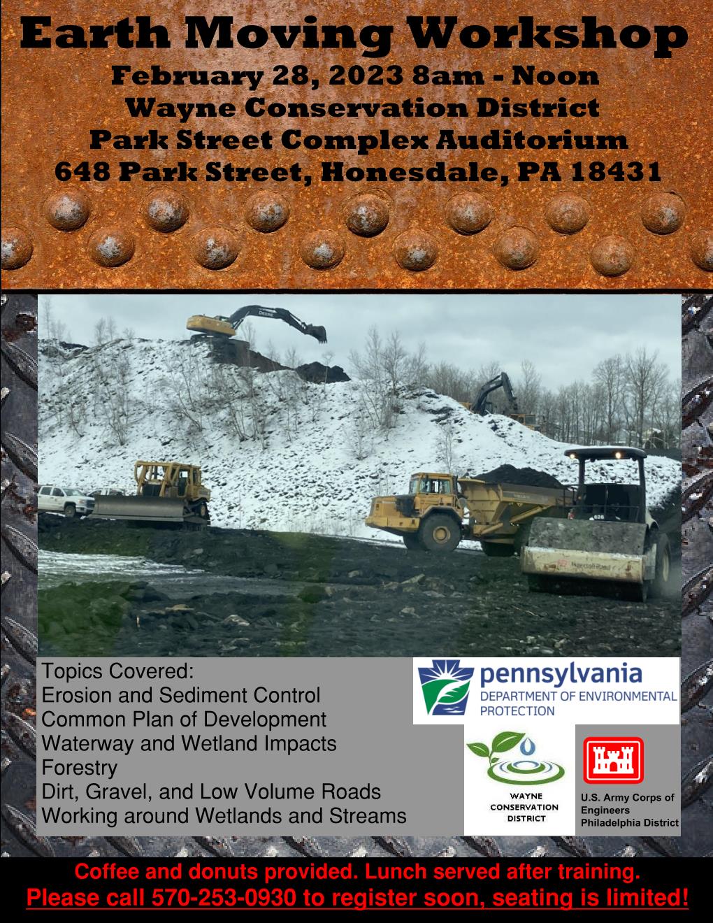 A flyer promoting a free Earth Moving Workshop Feb. 28 hosted by the Wayne Conservation District