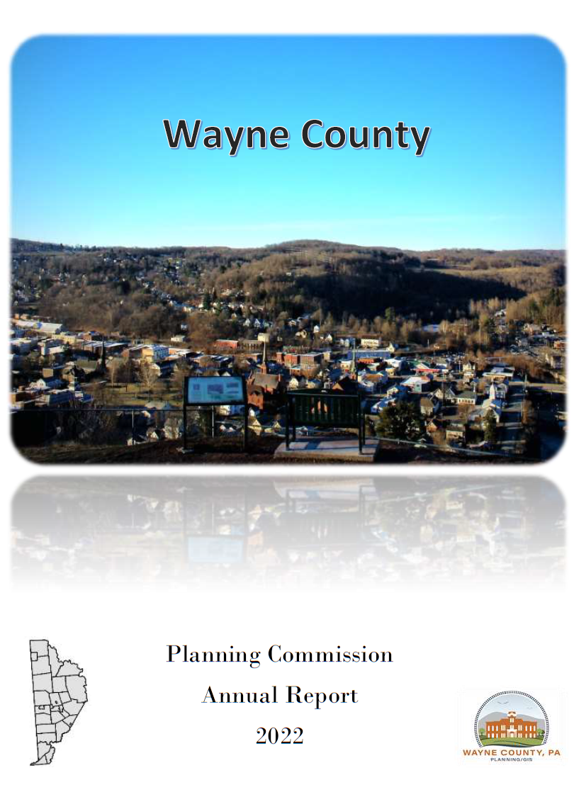 The cover of the 2023 Report of the Wayne County Planning Commission, with view of Honesdale.