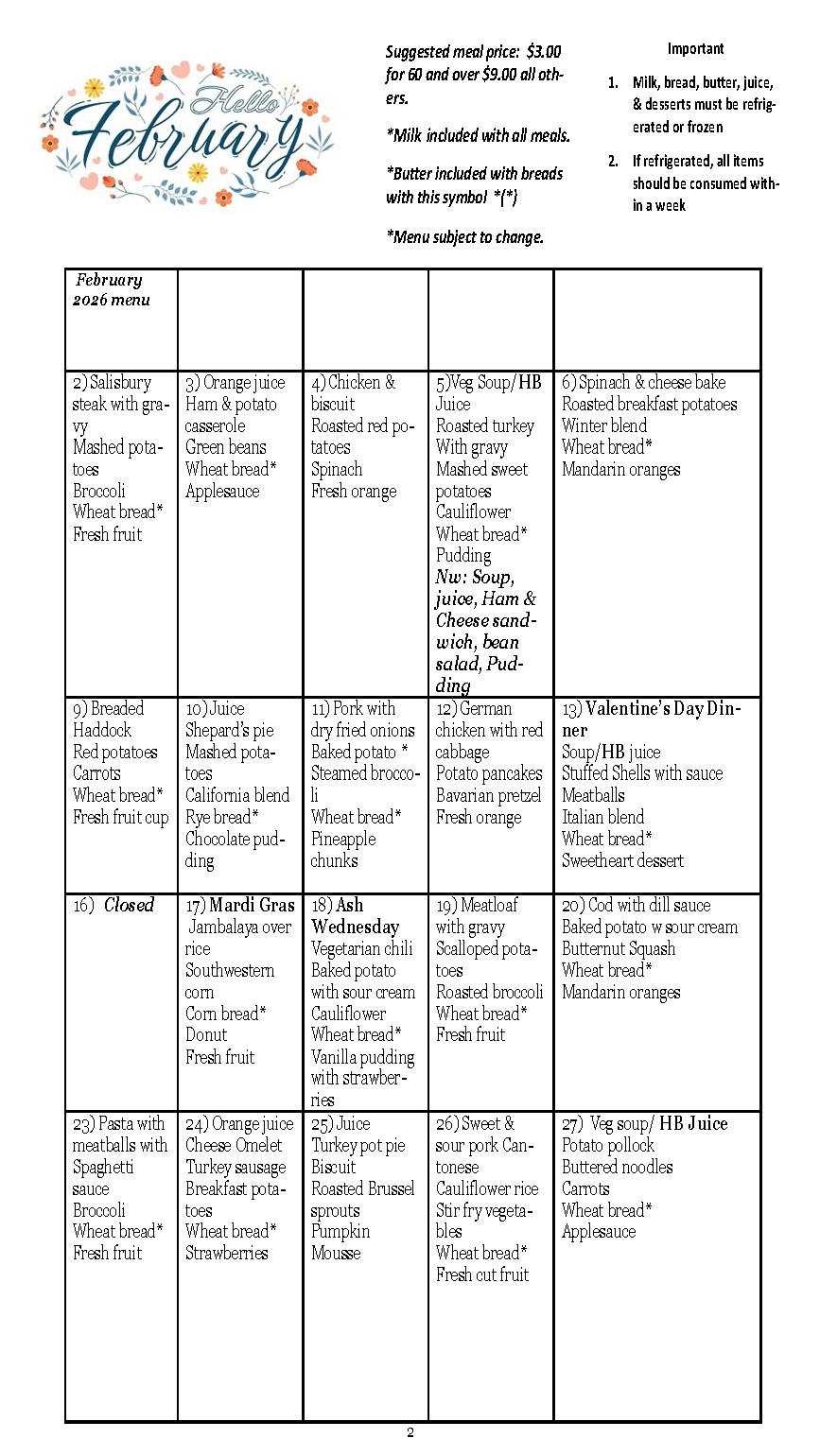 February Menu