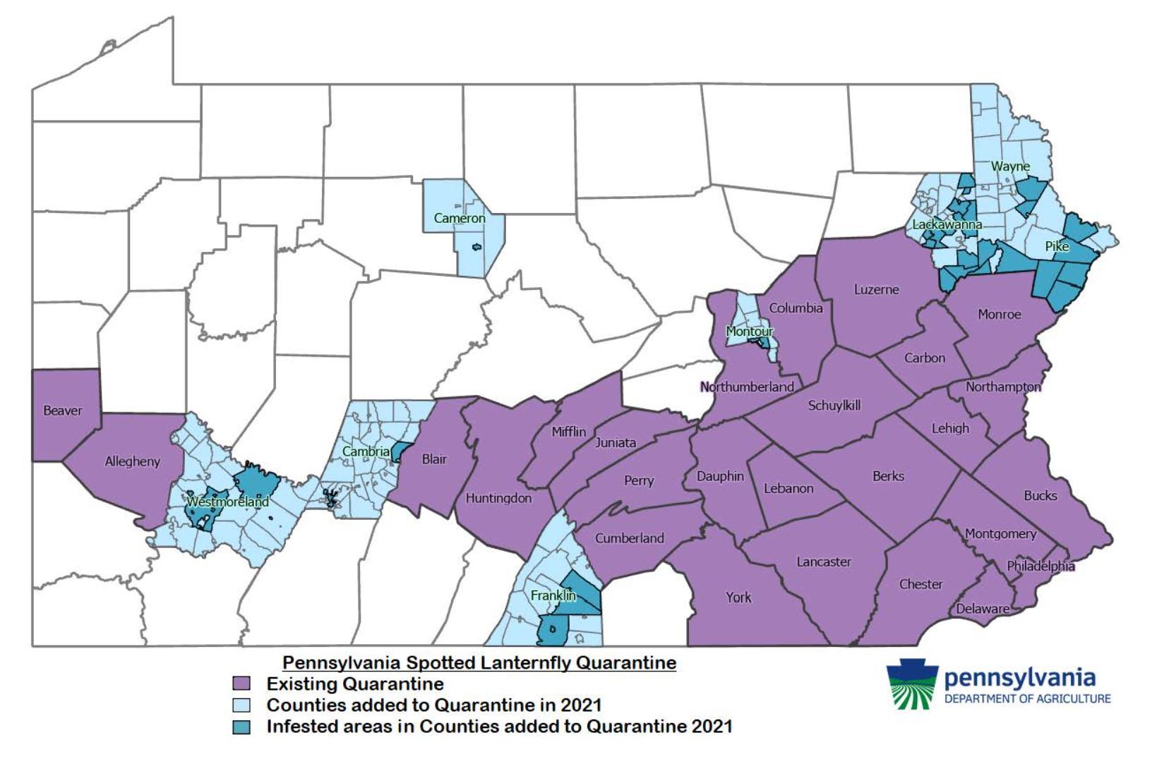 A map of the 14 Pennsylvania Counties under Spotted Lanternfly quarantine.
