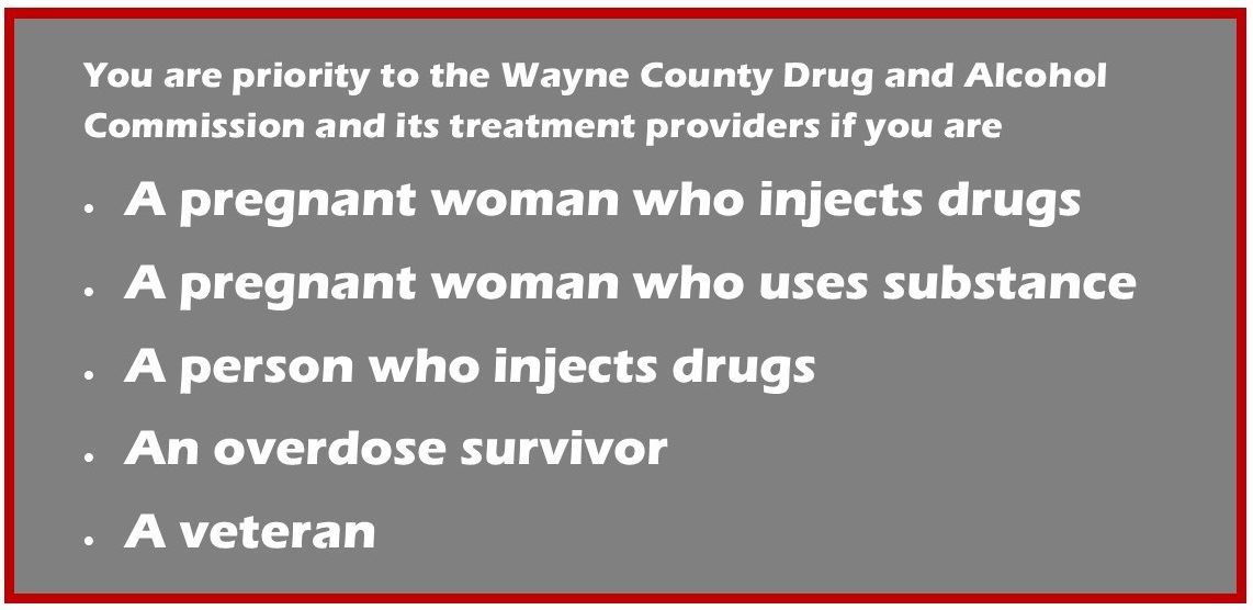 An image laying out the D&A priorities include pregnant women, veterans and overdose survivors.