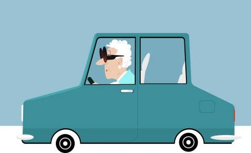 A cartoon image of an older woman in a car.